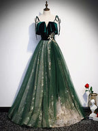 Green Straps Velvet Long Lace Formal Prom Dress