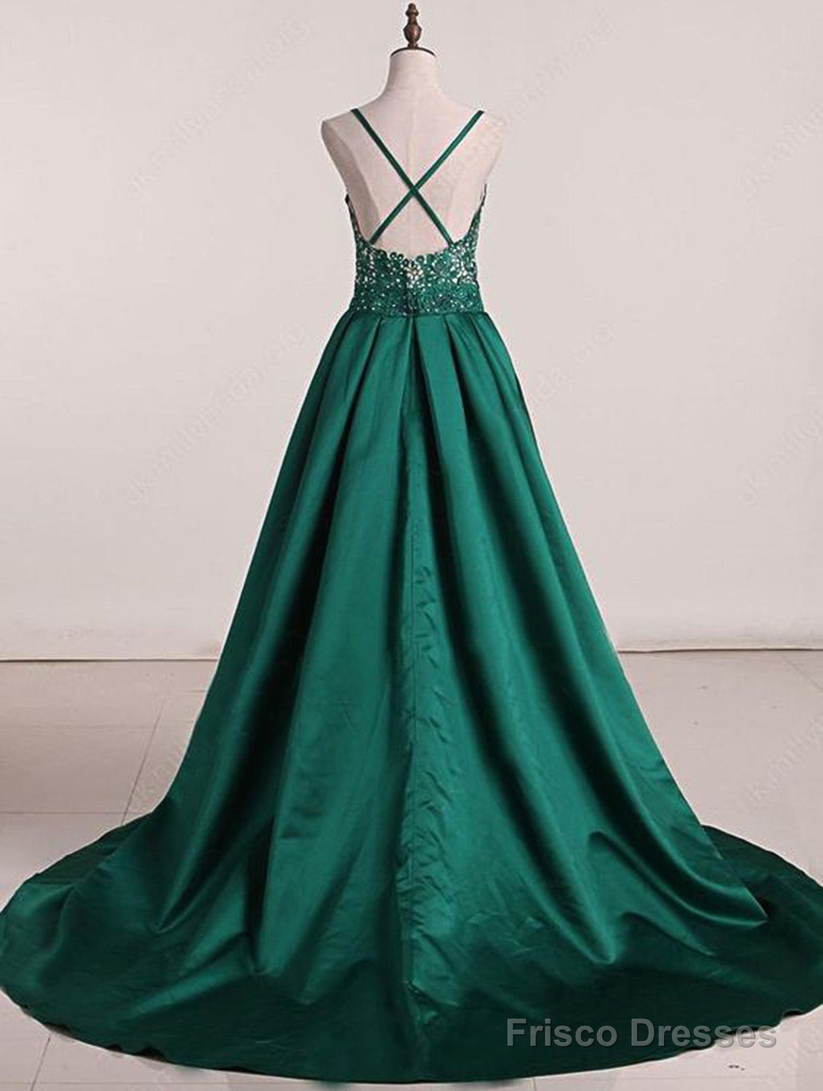Green Sweep Train Satin Open Back Prom Dresses