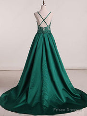 Green Sweep Train Satin Open Back Prom Dresses