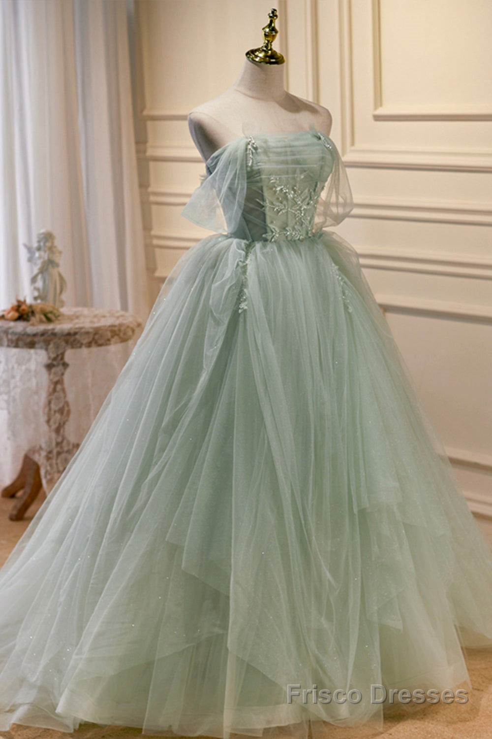 Green Sweetheart Beaded Tulle Long Prom Dress, Green Evening Dress Main image