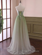Green Sweetheart Gradient Beaded Tulle Floor Length Party Dress, Green Junior Formal Prom Dress