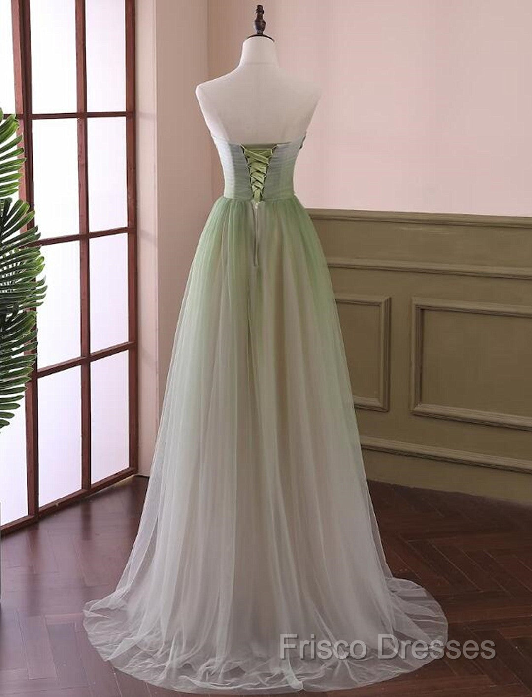 Green Sweetheart Gradient Beaded Tulle Floor Length Party Dress, Green Junior Formal Prom Dress
