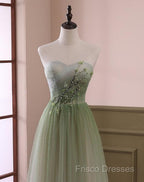 Green Sweetheart Gradient Beaded Tulle Floor Length Party Dress, Green Junior Formal Prom Dress