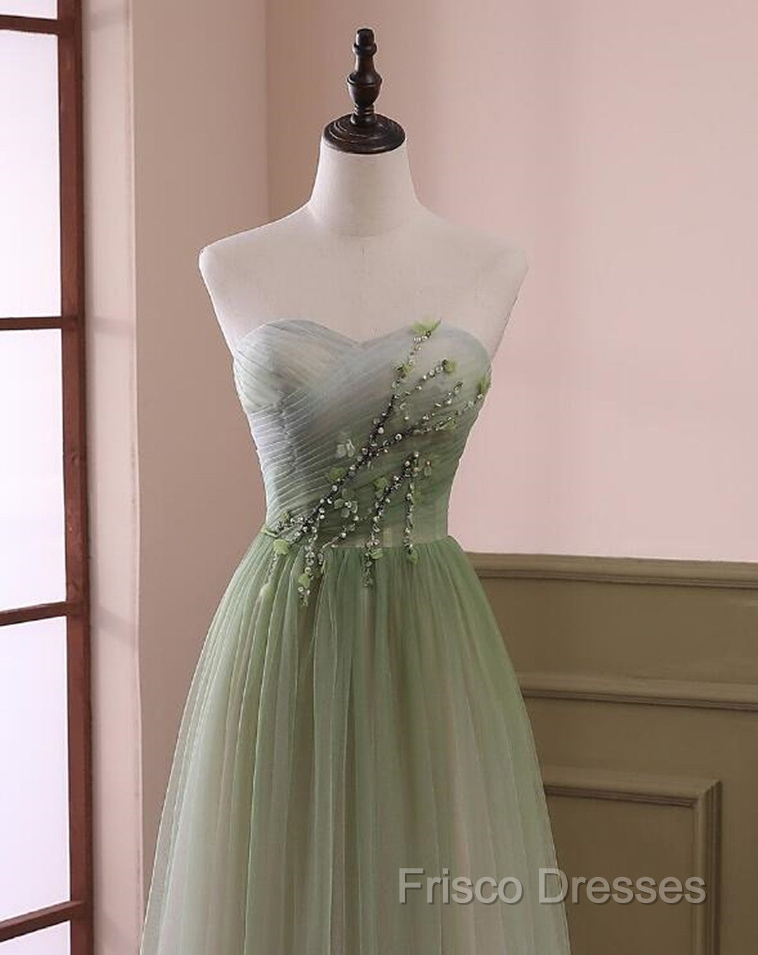 Green Sweetheart Gradient Beaded Tulle Floor Length Party Dress, Green Junior Formal Prom Dress