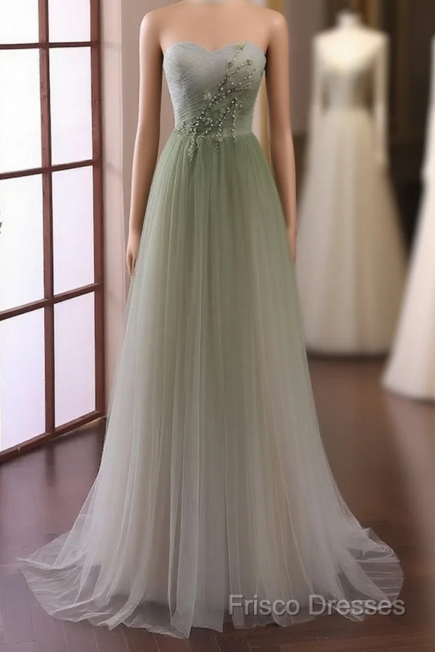 Green Sweetheart Gradient Beaded Tulle Floor Length Party Dress, Green Junior Formal Prom Dress