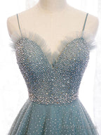 Green Sweetheart Neck Tulle Sequin Long Prom Dress Green Evening Dress