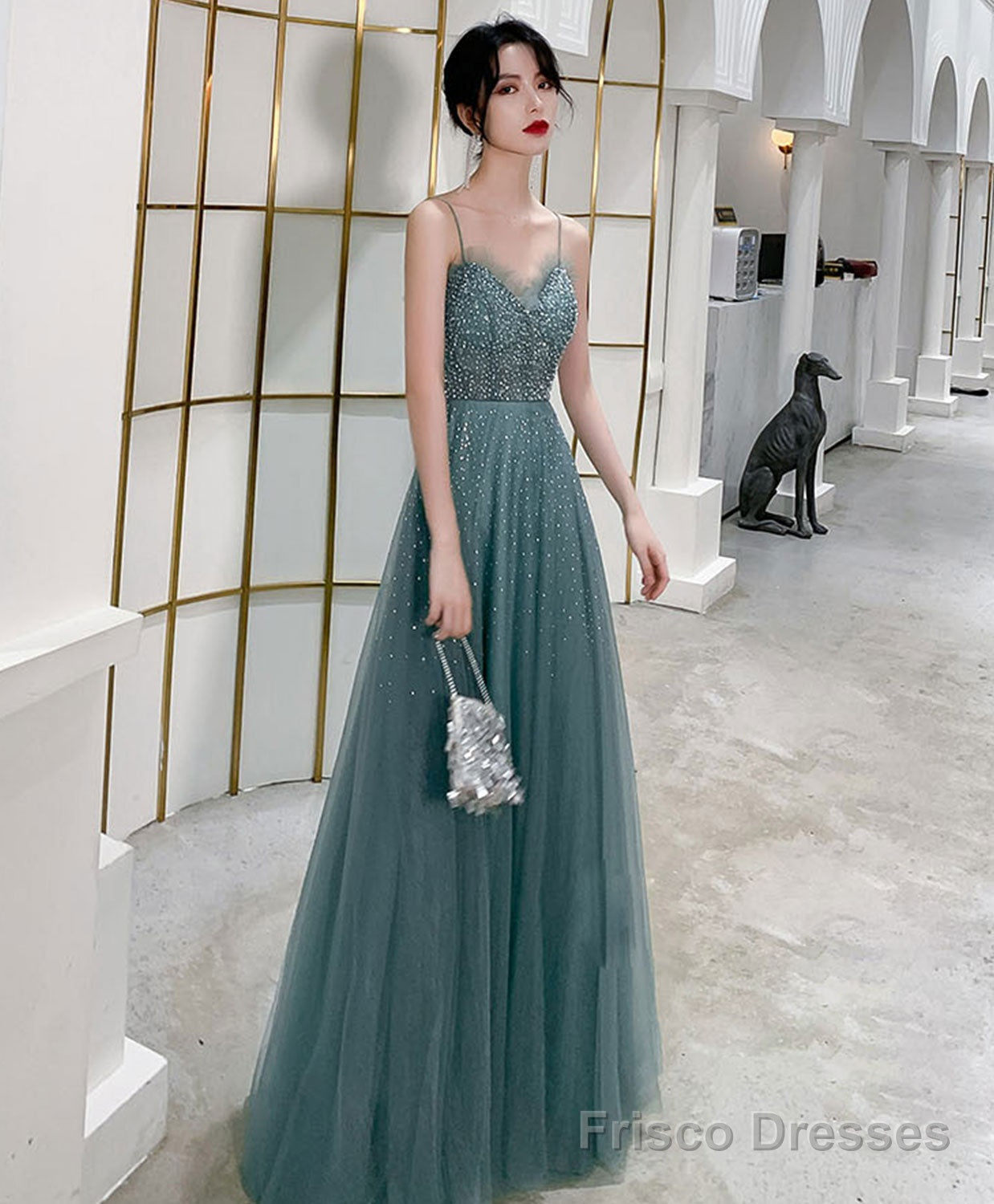 Green Sweetheart Neck Tulle Sequin Long Prom Dress, Tulle Graduation Dress Secondary image