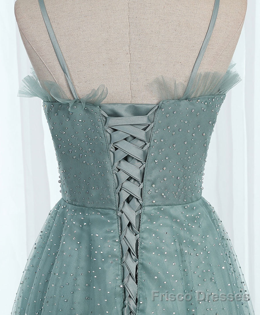 Green Sweetheart Neck Tulle Sequin Long Prom Dress, Tulle Graduation Dress