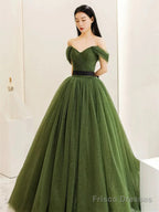 Green Sweetheart Shiny Tulle Off Shoulder Party Dress, Green Long Prom Dress