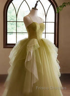 Green Sweetheart Straps Tulle Long Party Dress Formal Prom Dress A Line December Wedding Guest Dress