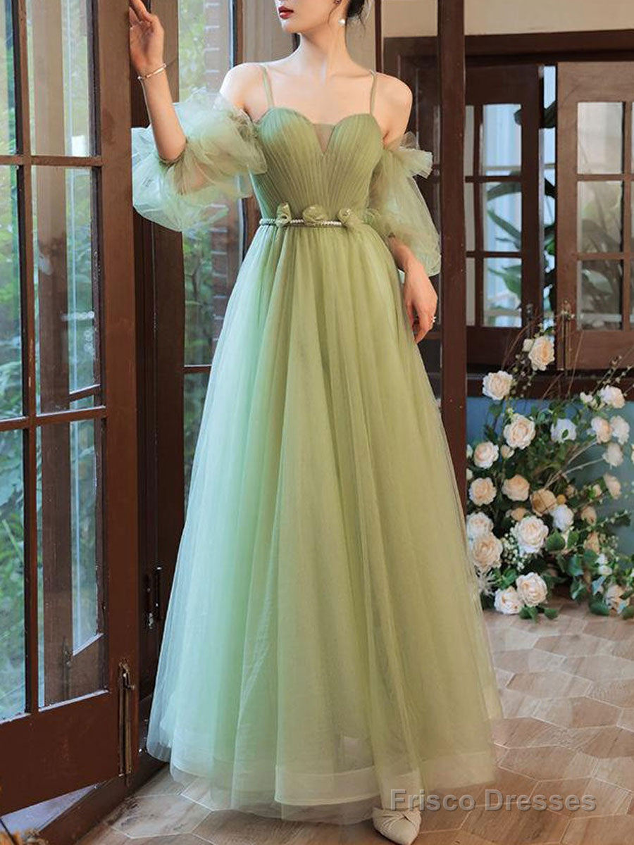 Green Tulle A Line Long Prom Dress, Green Tulle Formal Dress Main image