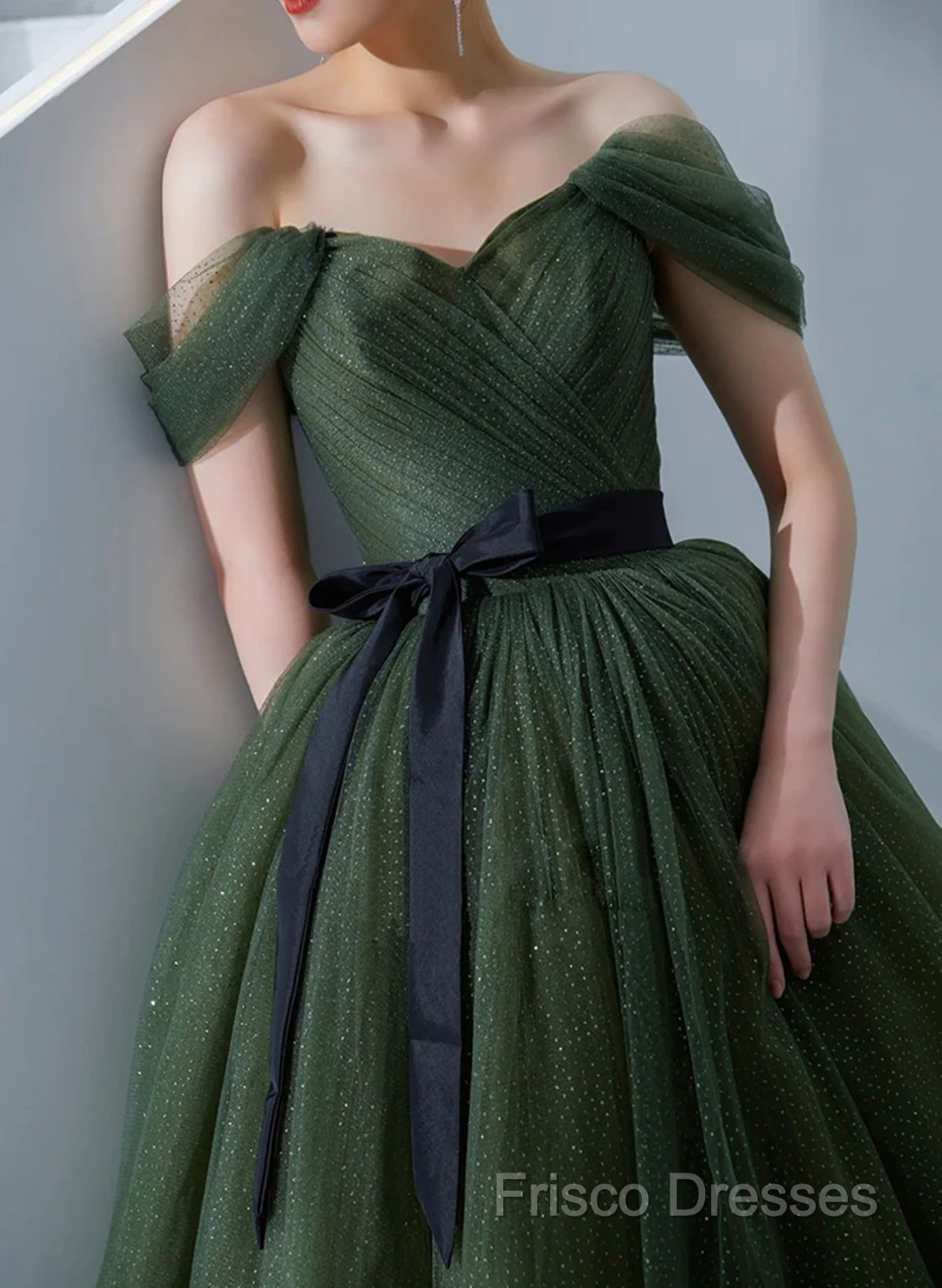 Green Tulle A-Line Off Shoulder Formal Prom Dress, Green Tull Long Formal Dress Formal Dress Secondary image
