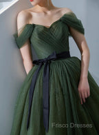 Green Tulle A-Line Off Shoulder Formal Prom Dress, Green Tull Long Formal Dress Formal Dress