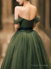 Green Tulle A-Line Off Shoulder Prom Dress, Green Tull Long Formal Dress Evening Dress