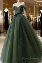 Green Tulle A-Line Off Shoulder Formal Prom Dress, Green Tull Long Formal Dress Formal Dress