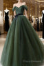 Green Tulle A-Line Off Shoulder Formal Prom Dress, Green Tull Long Formal Dress Formal Dress