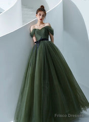 Green Tulle A-Line Off Shoulder Prom Dress, Green Tull Long Formal Dress Evening Dress