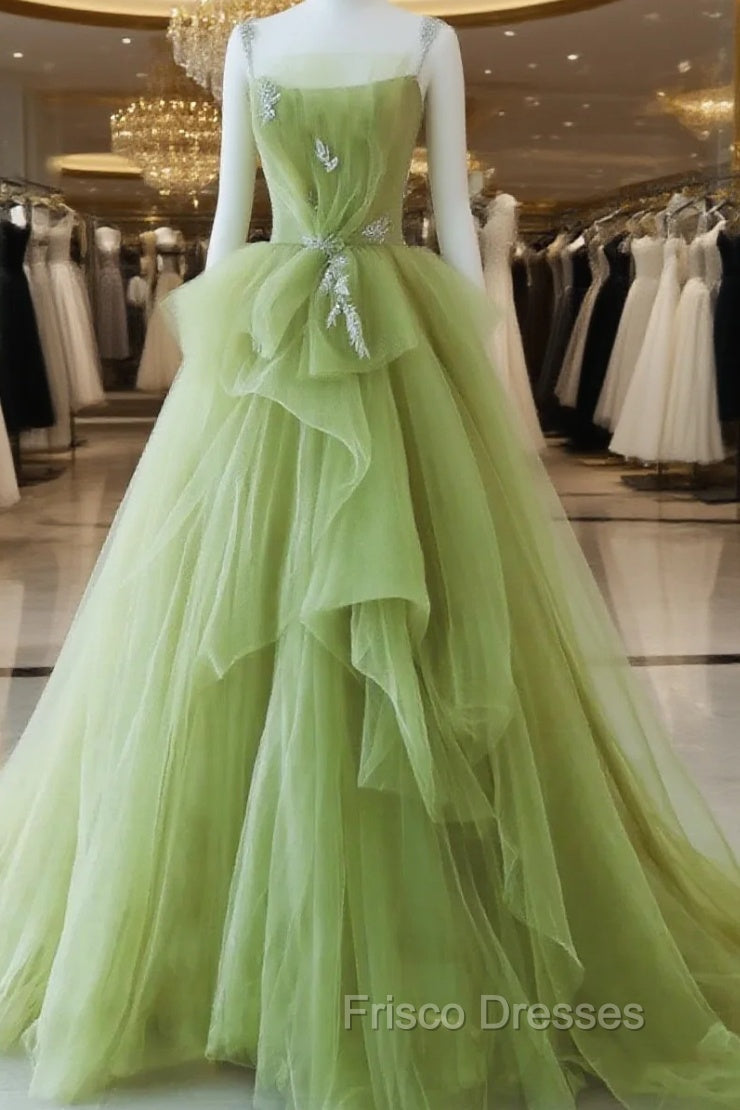 Green Tulle Beaded Long Party Dress, Green Tulle Evening Dress Formal Gown Main image