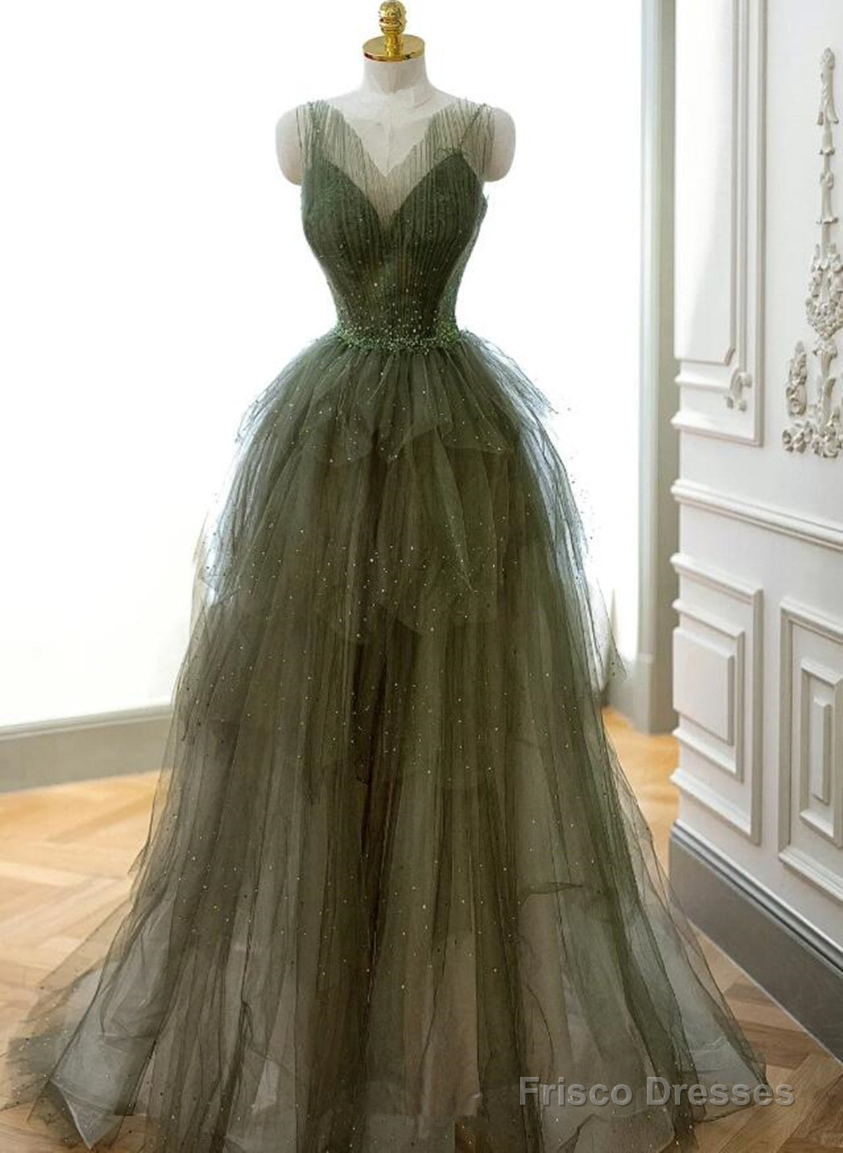 Green Tulle Beaded Straps Long Evening Dress, Green Tulle Prom Dress Party Dress Main image