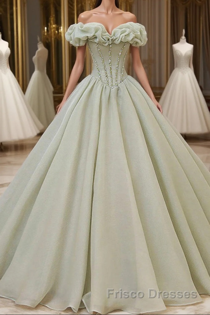 Green Tulle Beading Long Formal Prom Dresses, Green Formal Graduation Dresses Main image