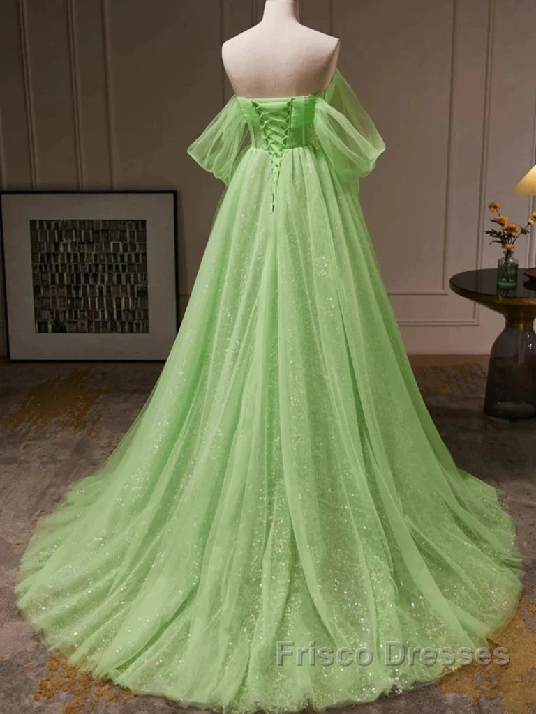 Green Tulle Beading Off Shoulder Sparkle Formal Prom Dress