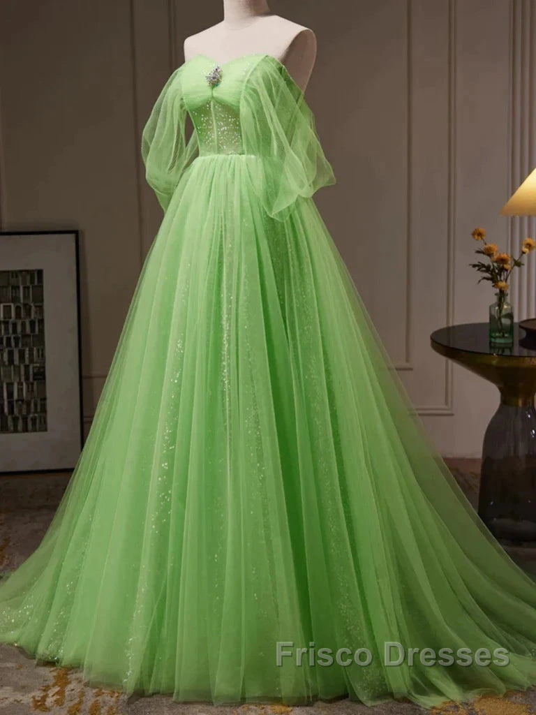 Green Tulle Beading Off Shoulder Sparkle Formal Prom Dress