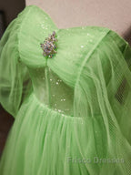 Green Tulle Beading Off Shoulder Sparkle Formal Prom Dress