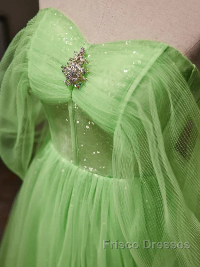 Green Tulle Beading Off Shoulder Sparkle Formal Prom Dress