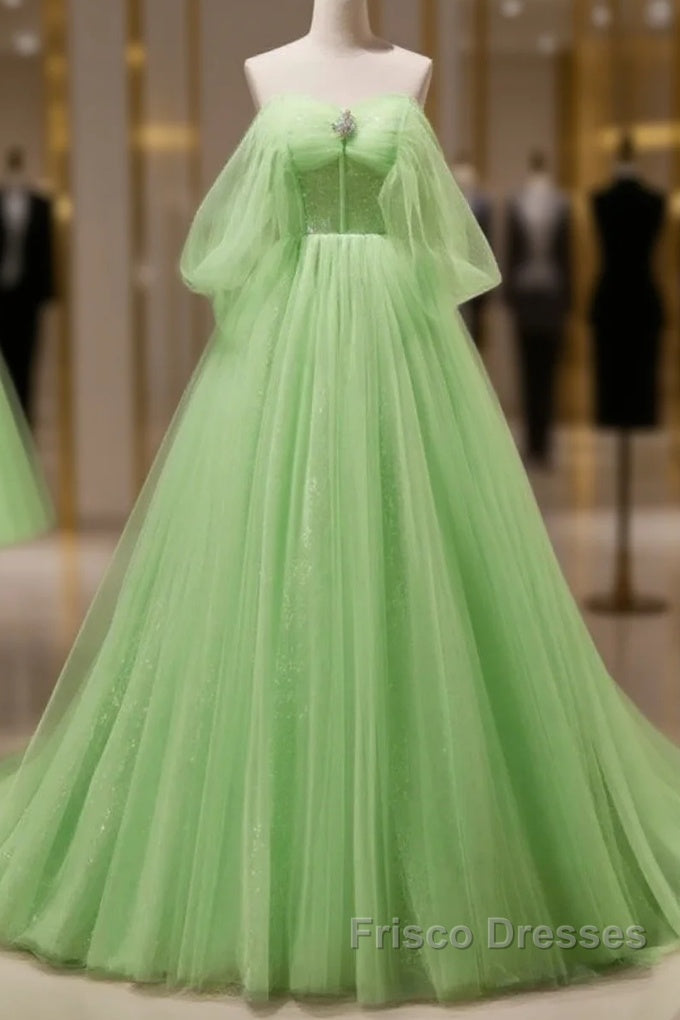 Green Tulle Beading Off Shoulder Sparkle Formal Prom Dress