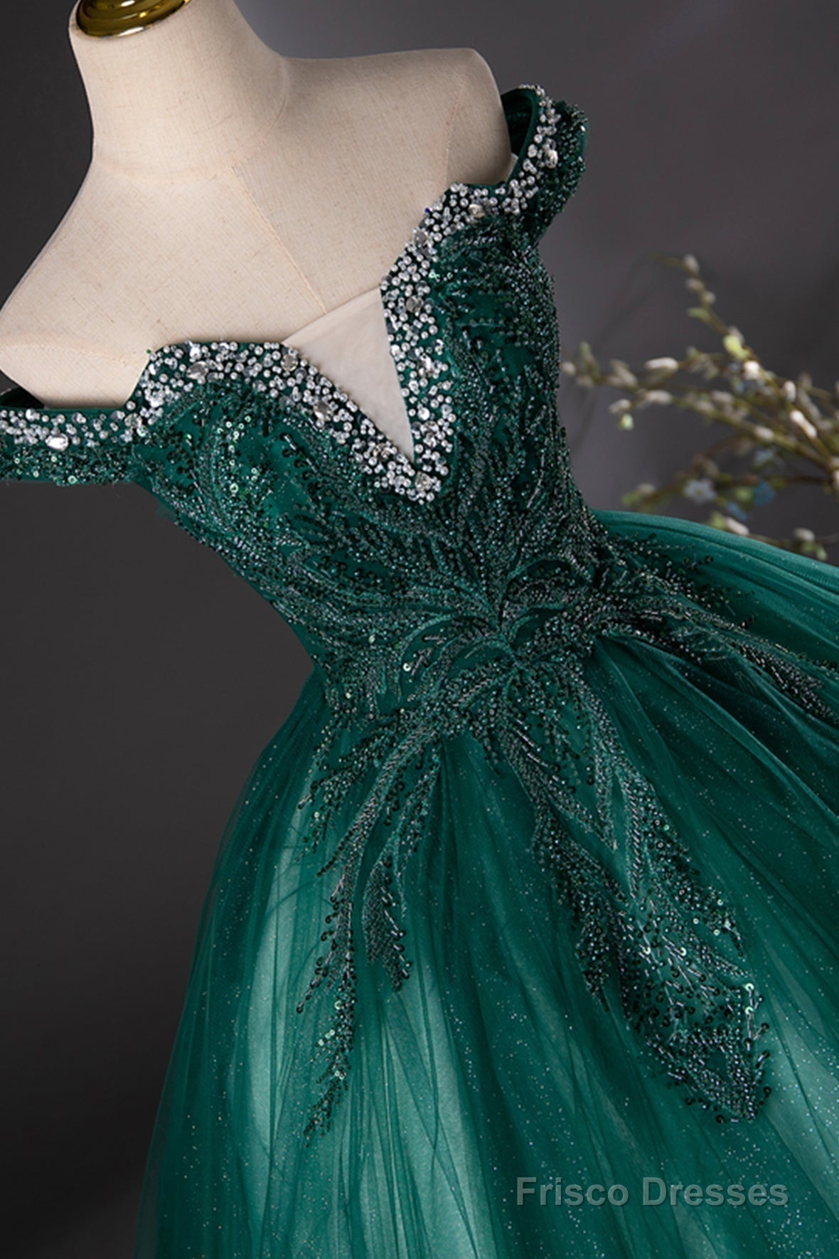 Green Tulle Beads Long Prom Dress, Elegant Off Shoulder Party Formal Dress Secondary image