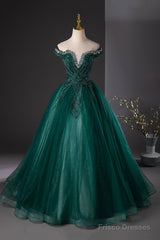Green Tulle Beads Long Prom Dress, Elegant Off Shoulder Party Formal Dress