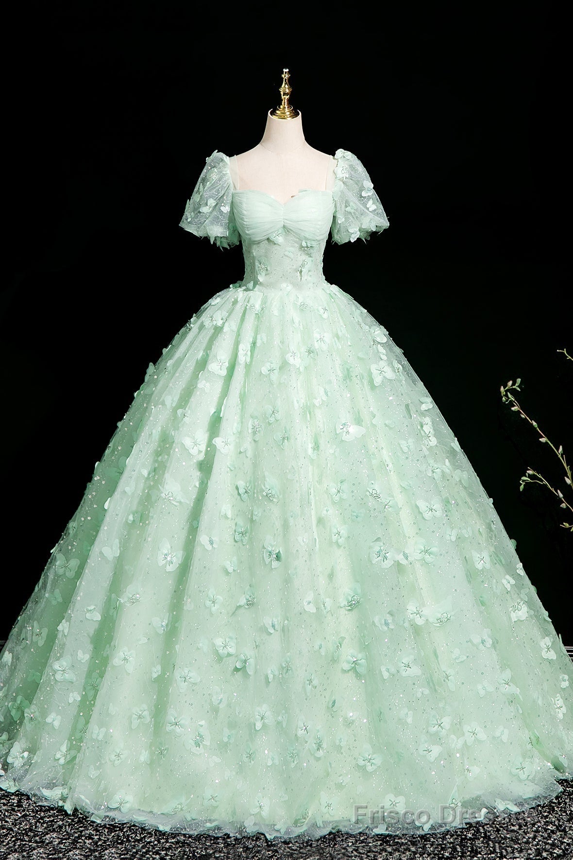 Green Tulle Butterfly Long A-Line Prom Dress, Beautiful Short Sleeve Evening Dress