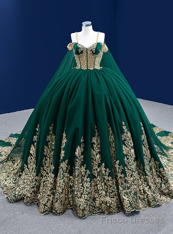 Green Tulle Gold Sequins Appliques Spaghetti Straps Pearls Prom Dress Main image
