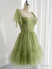 Green Tulle Knee Length Prom Dress, Lovely A-Line Party Homecoming Dress