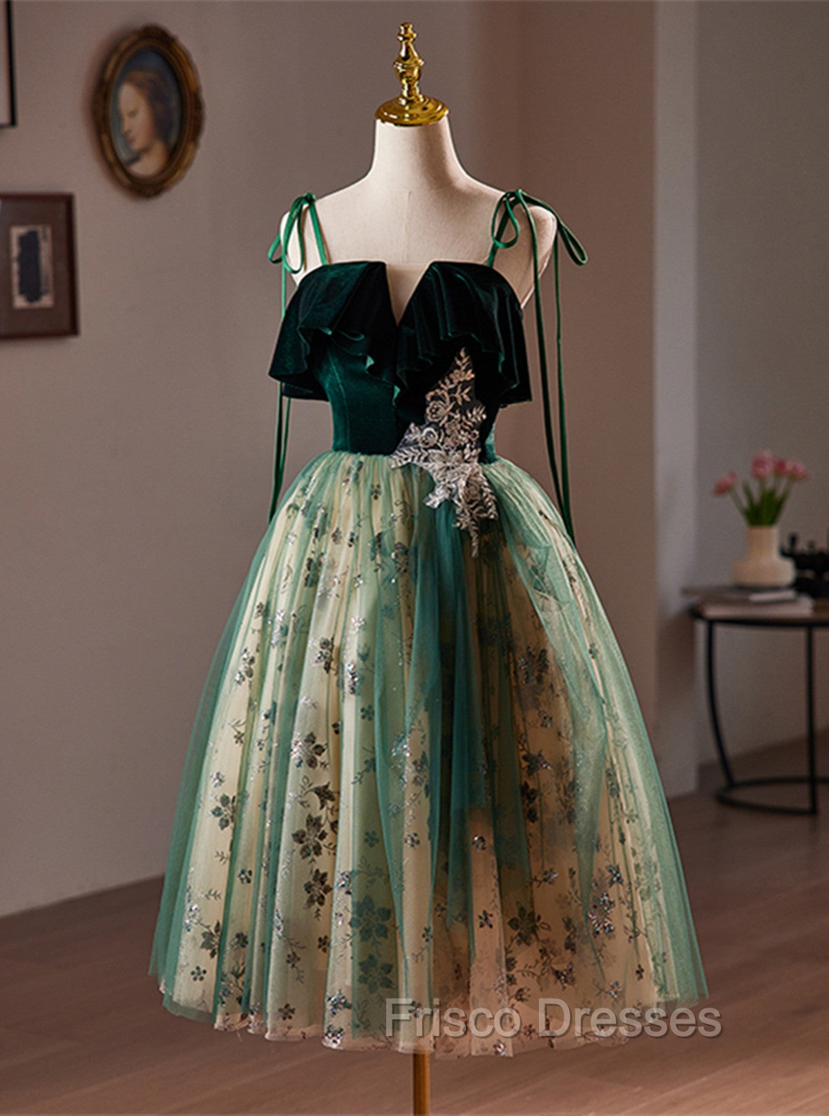 Green Tulle Knee Length Straps Homecoming Dress, Green Homecoming Dress