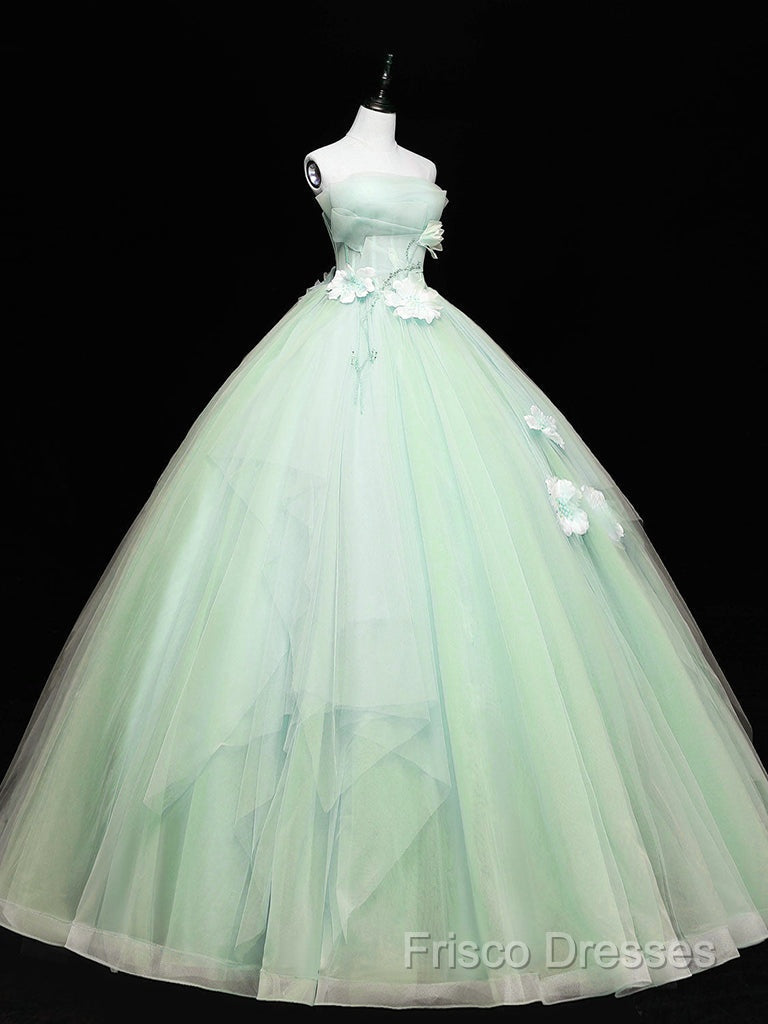 Green Tulle Lace Applique Long Formal Prom Dress, Green Sweet 16 Dress
