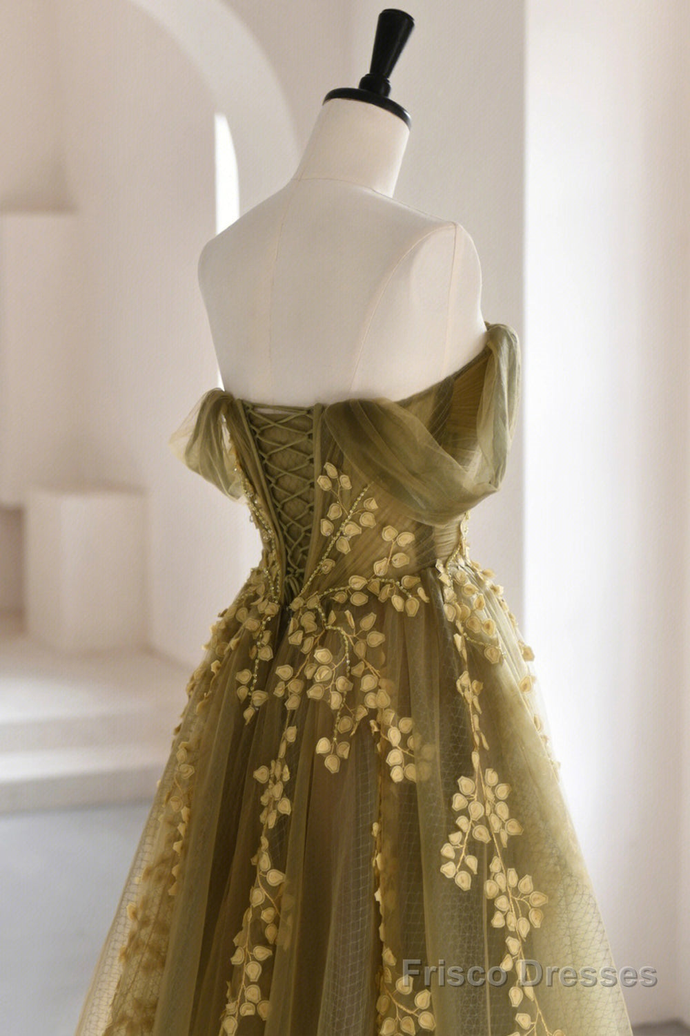 Green Tulle Lace Long Prom Dress, A-Line Off the Shoulder Evening Dress