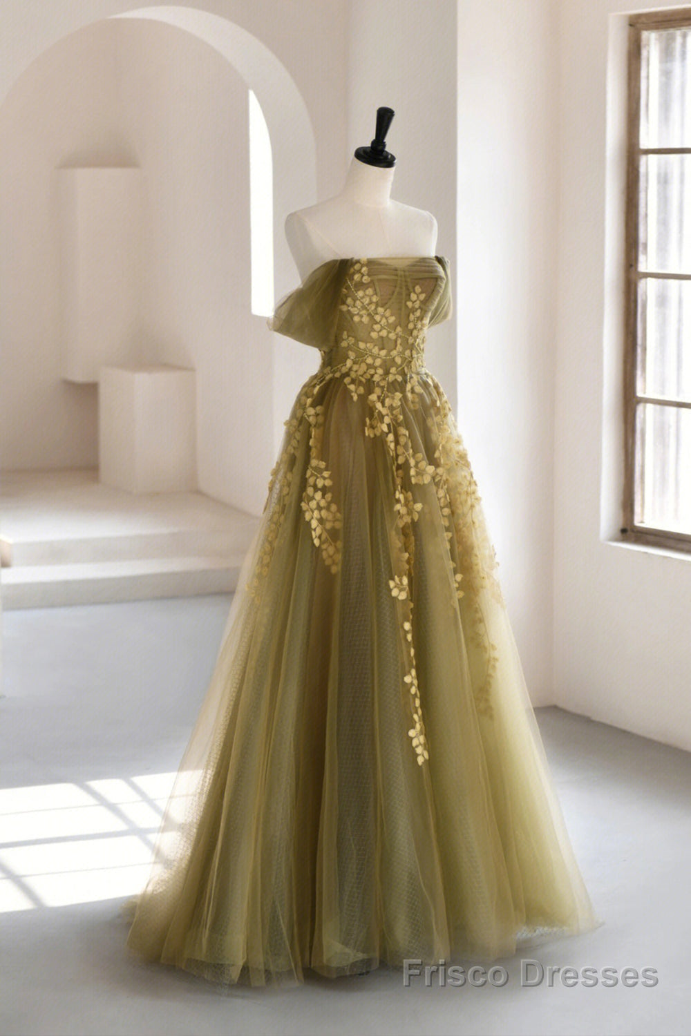 Green Tulle Lace Long Prom Dress, A-Line Off the Shoulder Evening Dress Main image