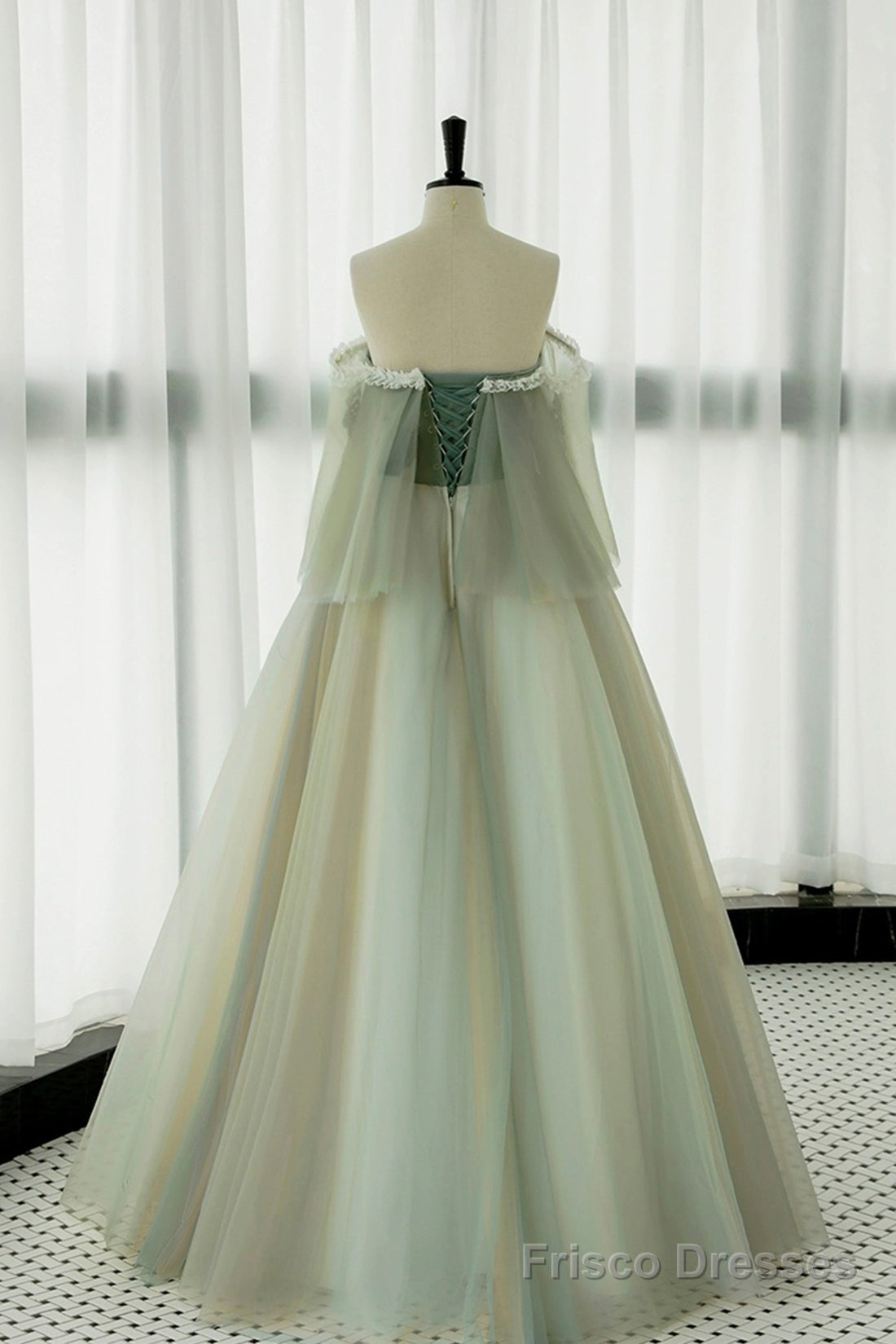 Green Tulle Lace Long Prom Dress, Off Shoulder Evening Formal Dress Secondary image