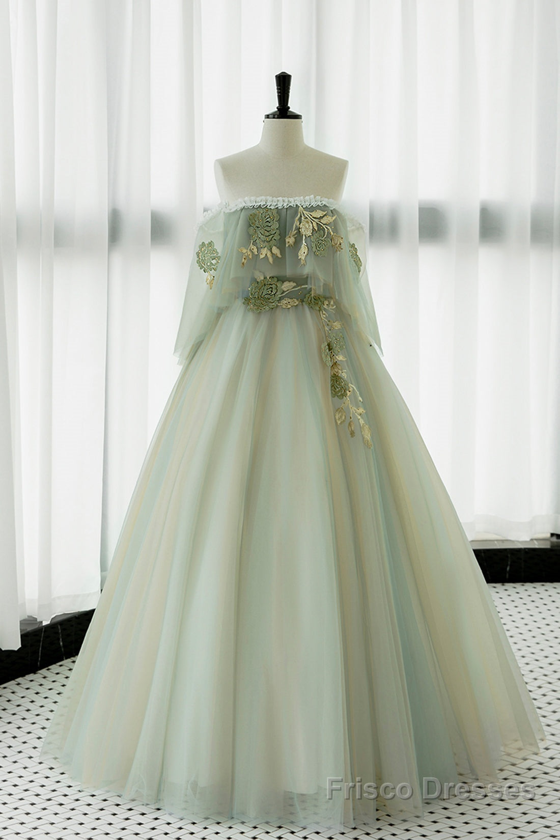 Green Tulle Lace Long Prom Dress, Off Shoulder Evening Formal Dress Main image