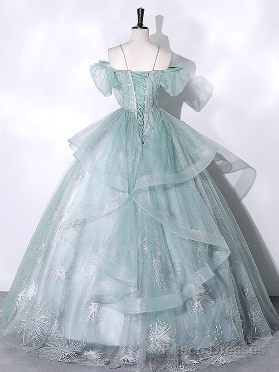 Green Tulle Lace Long Prom Dresses, Green Lace Long Sweet 16 Dress
