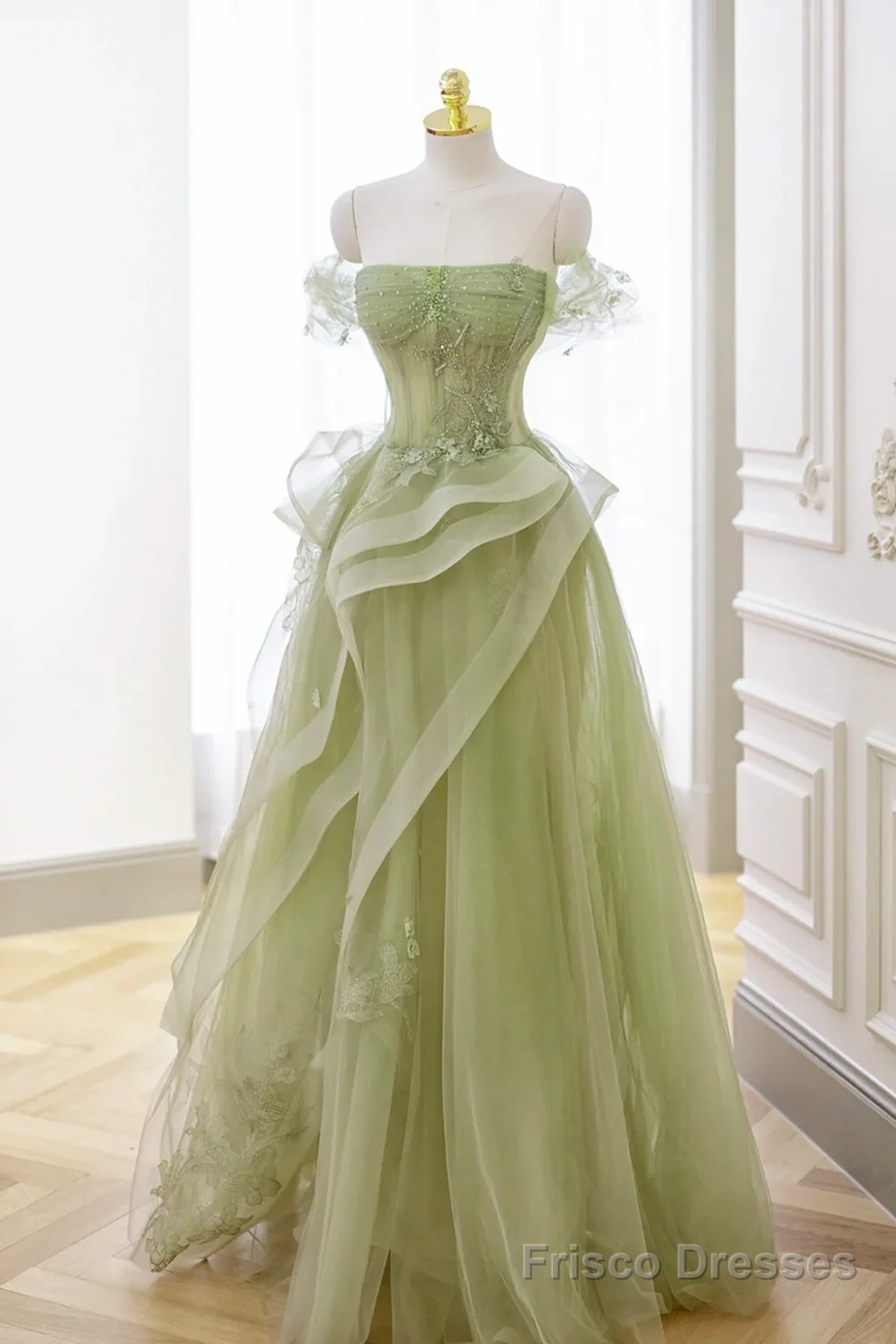 Green Tulle Lace Long Prom Dresses, Green Tulle Lace Formal Evening Dresses