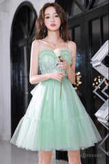 Green Tulle Lace Short Prom Dress, A-Line Evening Party Dress