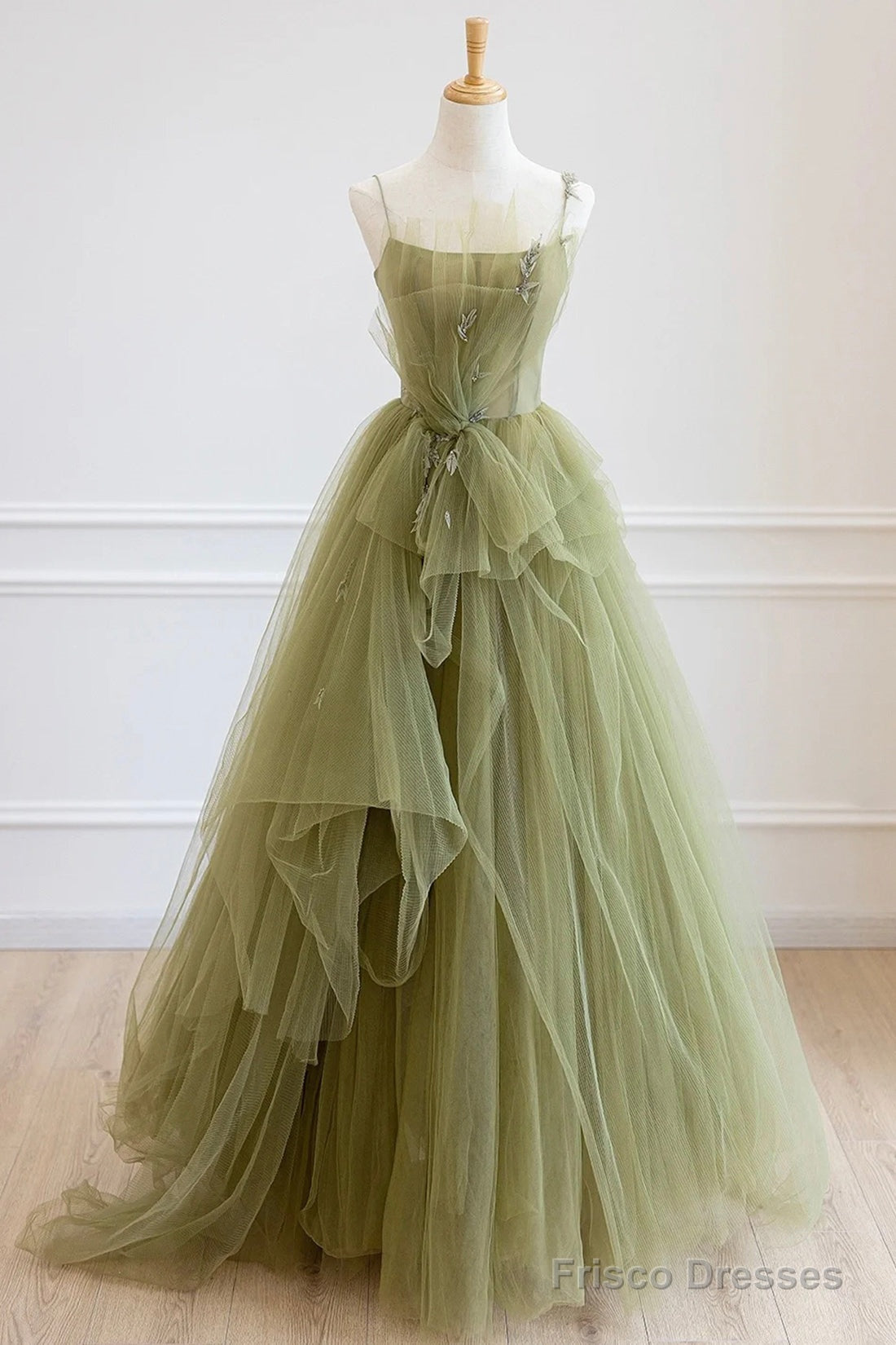 Green Tulle Long A-Line Prom Dress, Beautiful Spaghetti Strap Evening Dress Main image
