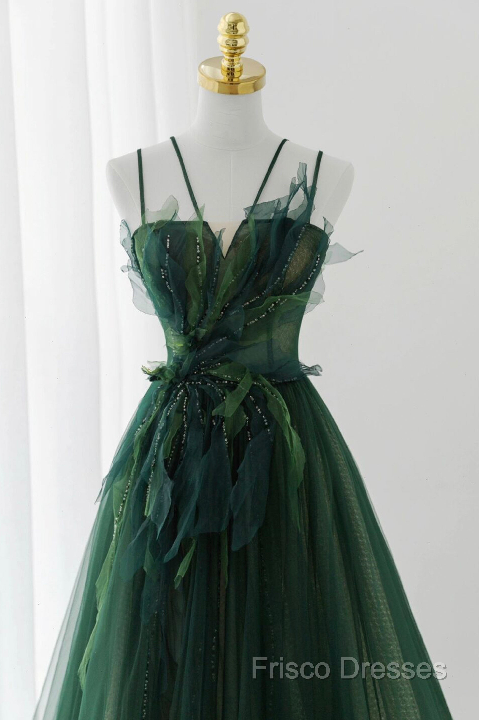 Green Tulle Long A-Line Formal Prom Dress, Beautiful Spaghetti Straps Formal Dress