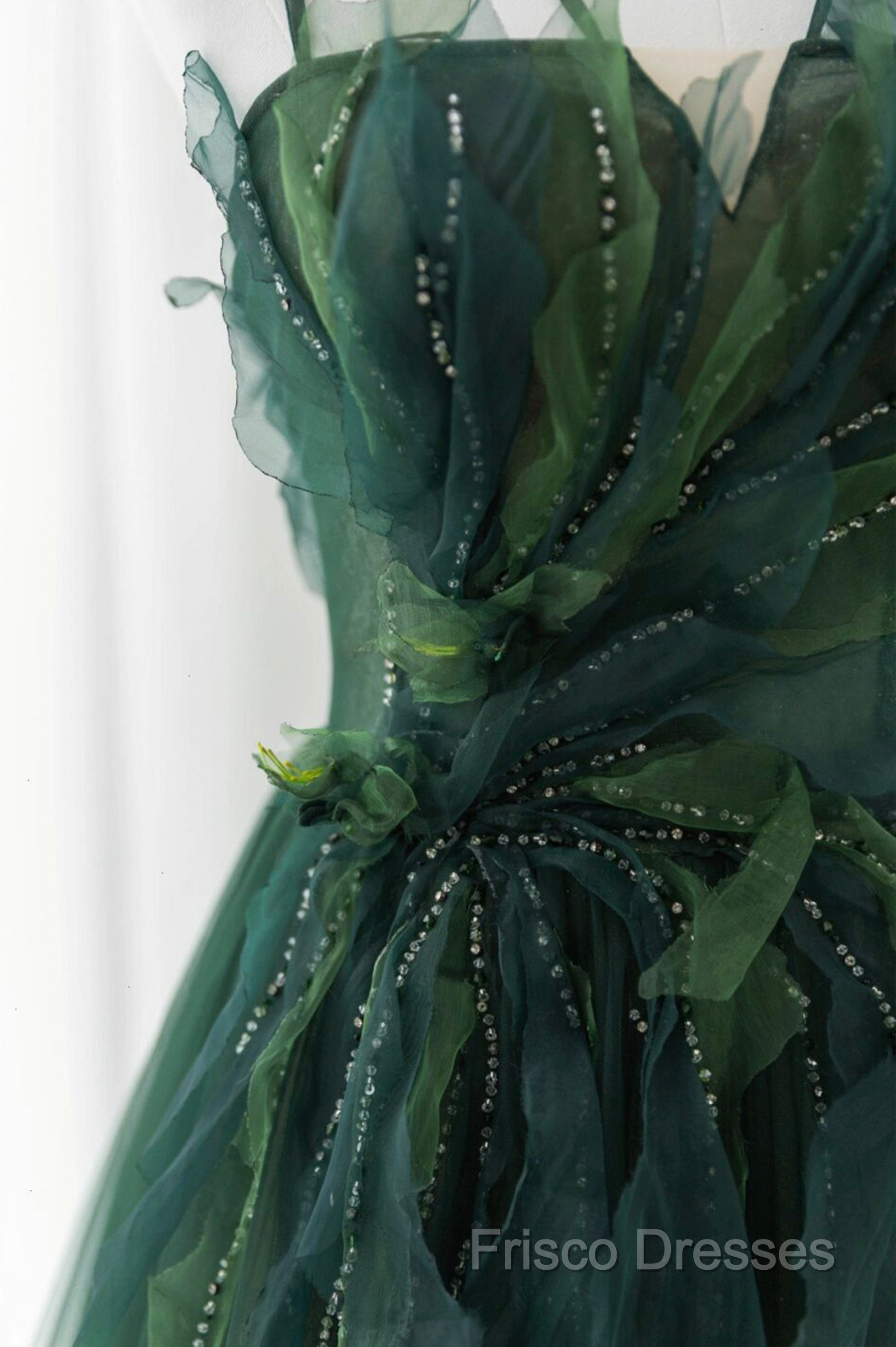 Green Tulle Long A-Line Formal Prom Dress, Beautiful Spaghetti Straps Formal Dress