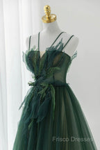 Green Tulle Long A-Line Formal Prom Dress, Beautiful Spaghetti Straps Formal Dress