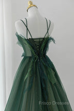 Green Tulle Long A-Line Formal Prom Dress, Beautiful Spaghetti Straps Formal Dress