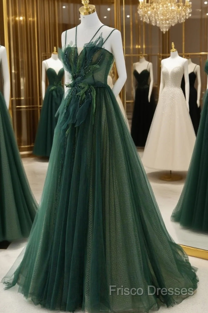 Green Tulle Long A-Line Formal Prom Dress, Beautiful Spaghetti Straps Formal Dress Main image