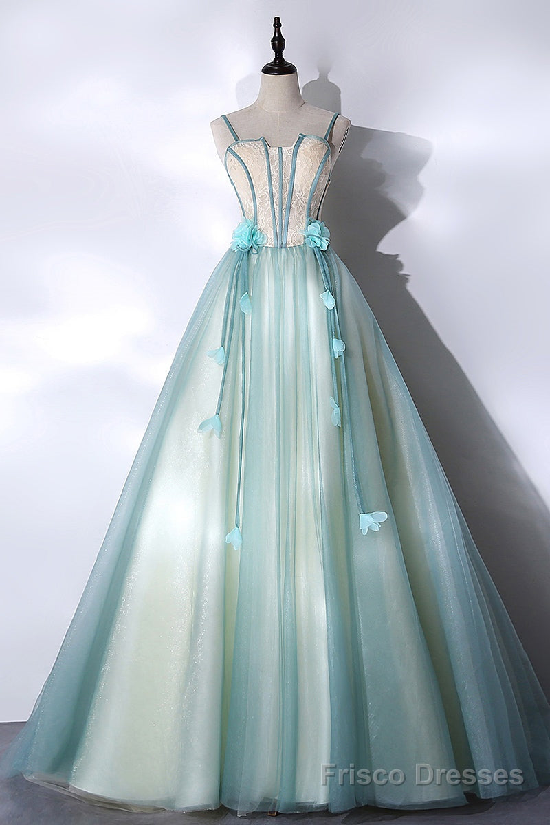 Green Tulle Long A-Line Prom Dress, Green Spaghetti Straps Graduation Dress Secondary image